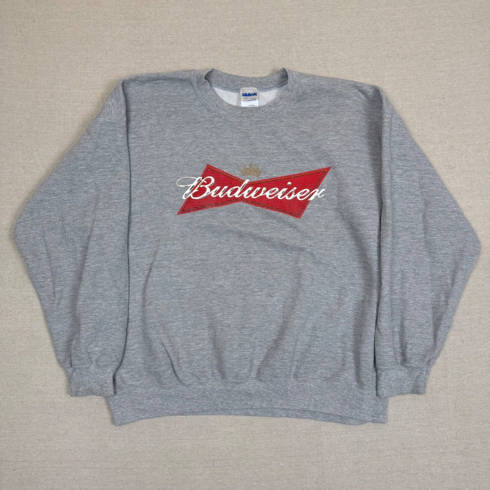 Gildan Budweiser Sweatshirt XL 24.5x26.5 Vintage Logo Heather Gray Crewneck